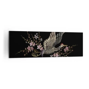 Obraz na płótnie - Ptak w locie z kwiatami na czarnym tle - 160x50cm - Egzotyczny, haftowany ptak - Nowoczesna dekoracja ścienna do salonu i sypialni ARTTOR