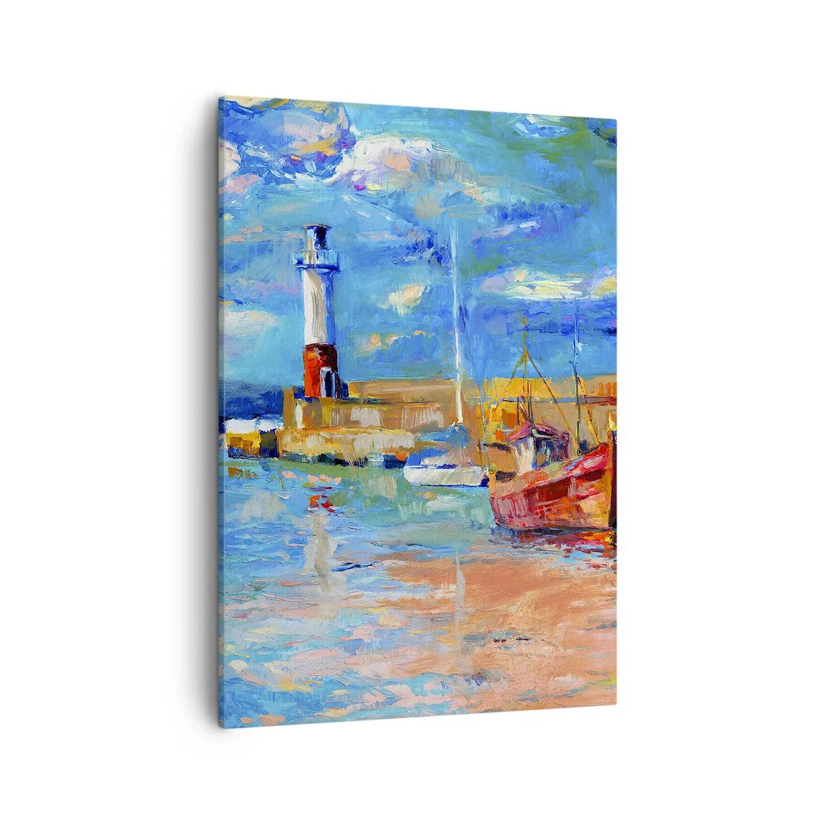 Obraz na płótnie - Popołudnie w tęczowej zatoce - Malowniczy port morski z latarnią i łodziami - 50x70cm