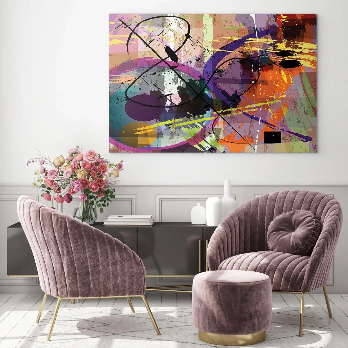 Obraz na szkle - Kolorowe abstrakcyjne formy i linie w dynamicznej kompozycji - 100x70cm - Można wprost lub naokoło - Nowoczesna dekoracja ścienna do salonu, kuchni i sypialni ARTTOR