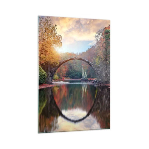 Obraz na szkle - Kamienny most w jesiennej scenerii nad spokojną wodą - 80x120cm - Po drugiej stronie lustra - Nowoczesna dekoracja ścienna do salonu i sypialni ARTTOR