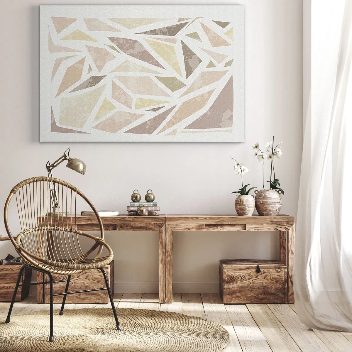 Obraz na płótnie - Abstrakcyjne geometryczne kształty w pastelowych kolorach - 70x50cm - Kompozycja witrażowa - Nowoczesna dekoracja ścienna do salonu i sypialni ARTTOR