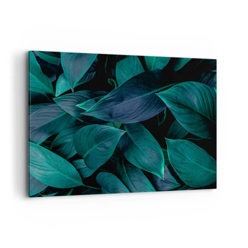 Obraz na płótnie - Zbliżenie na zielone liście z ciemnym tłem - 100x70cm - Zieleń sama w sobie - Nowoczesna dekoracja ścienna do salonu, kuchni i sypialni ARTTOR