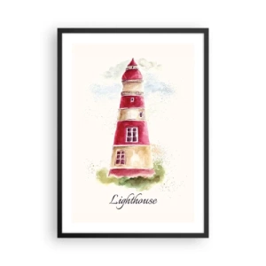 Plakat w czarnej ramie - Akwarelowa ilustracja latarni morskiej na jasnym tle - 50x70cm - Wokół zawsze pogoda - Nowoczesna dekoracja ścienna do salonu i sypialni ARTTOR