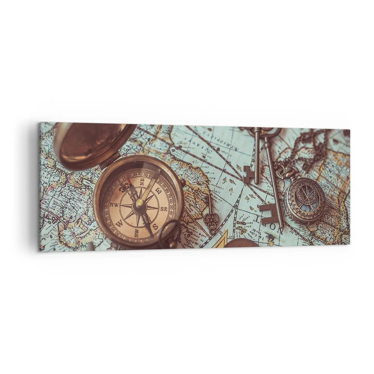 Obraz na płótnie - Kompozycja z kompasem, kluczami i starą mapą w stylu retro - 140x50cm - Dla poszukiwacza przygód - Nowoczesna dekoracja ścienna do salonu i sypialni ARTTOR
