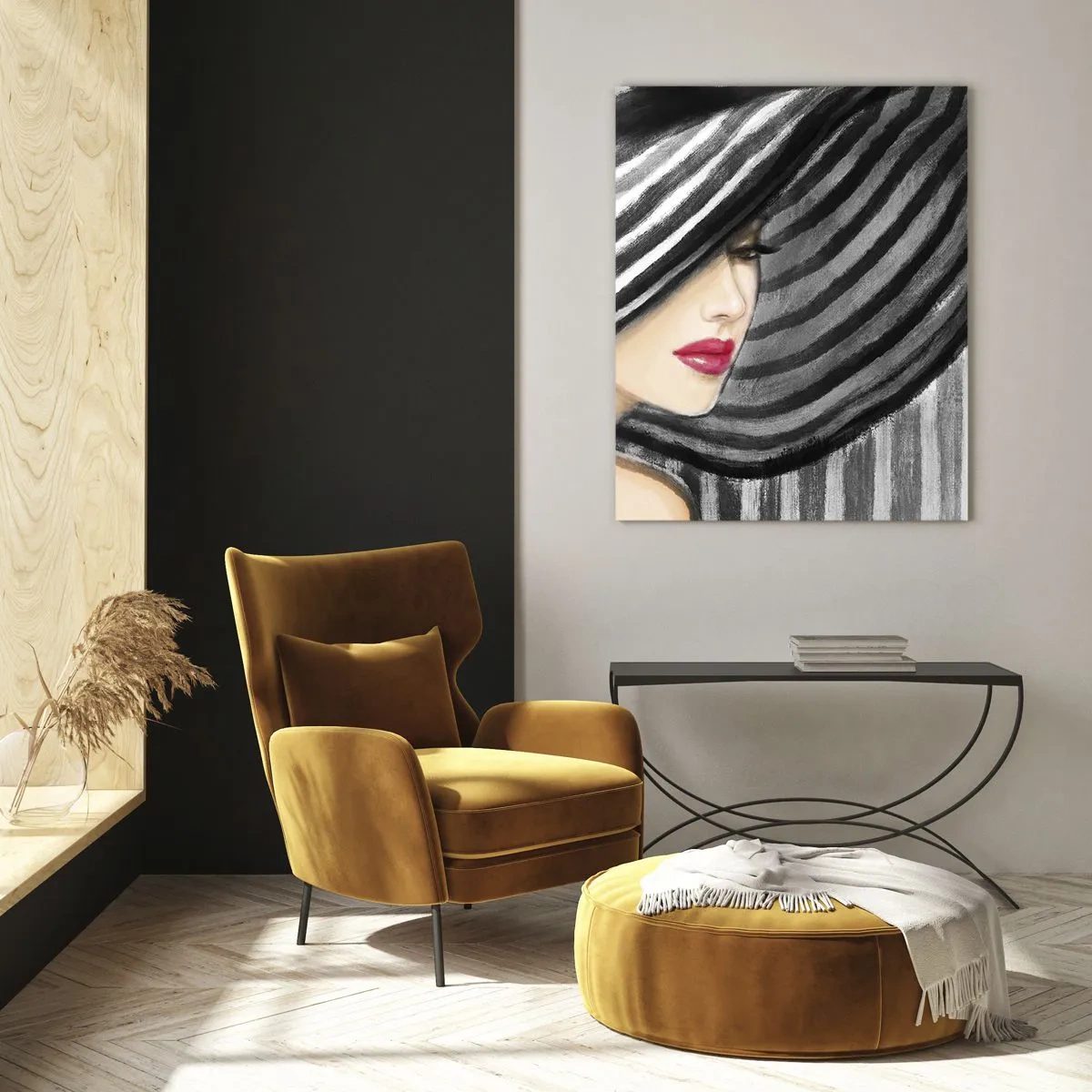 Obraz na szkle - Stylowa kobieta w kapeluszu w biało-czarne paski - 50x70cm - Gdzie ciebie szukać? - Nowoczesna dekoracja ścienna do salonu, kuchni i sypialni ARTTOR