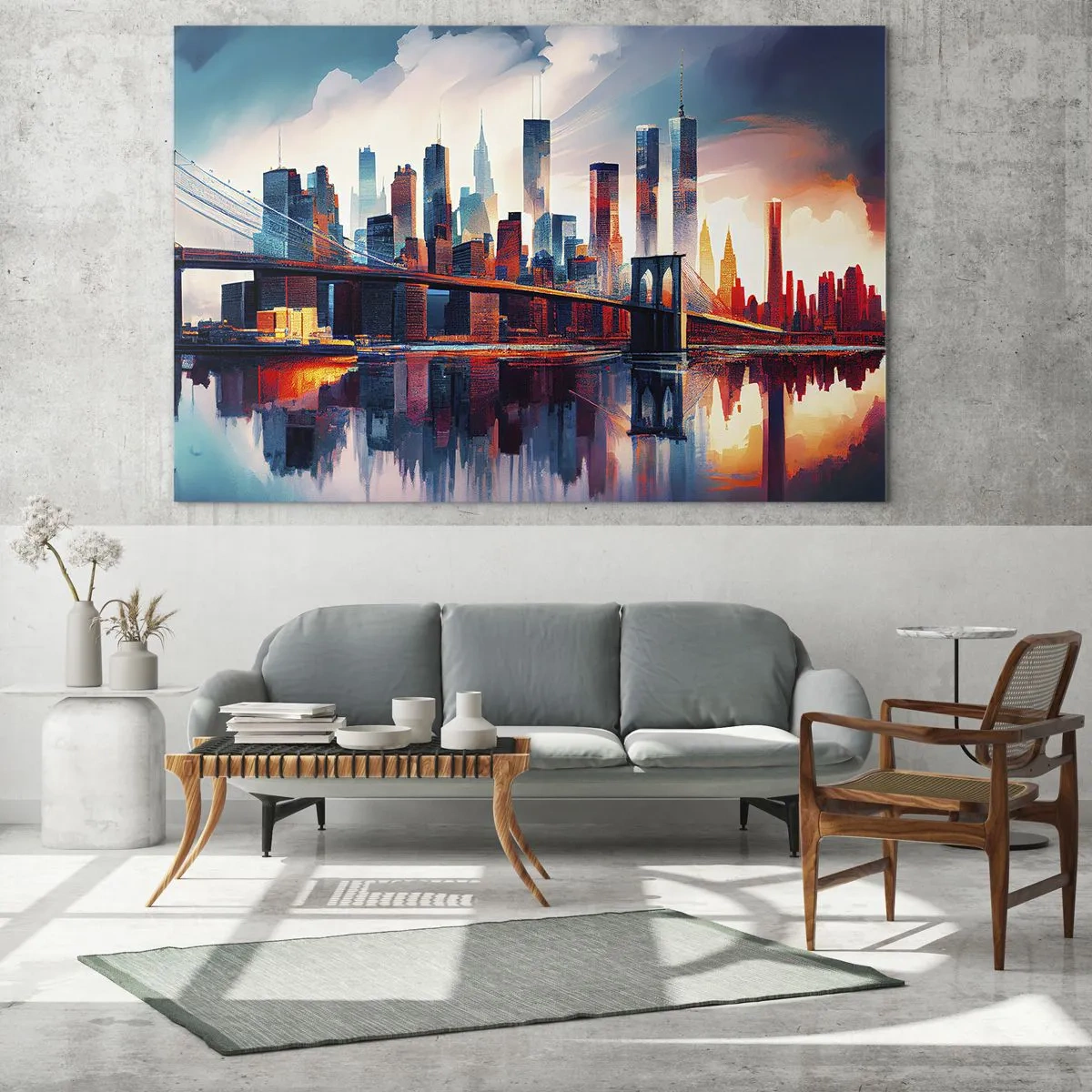 Obraz na szkle - Panorama miasta z mostem na tle kolorowego nieba i odbiciem w wodzie - 70x50cm - Zjawiskowy Nowy Jork - Nowoczesna dekoracja ścienna do salonu i sypialni ARTTOR