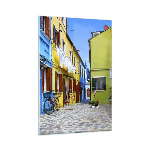 Obraz na szkle - Kolorowa uliczka z rowerami wśród pastelowych budynków - 80x120cm - Pastelowy, słodki zaułek - Nowoczesna dekoracja ścienna do salonu i sypialni ARTTOR