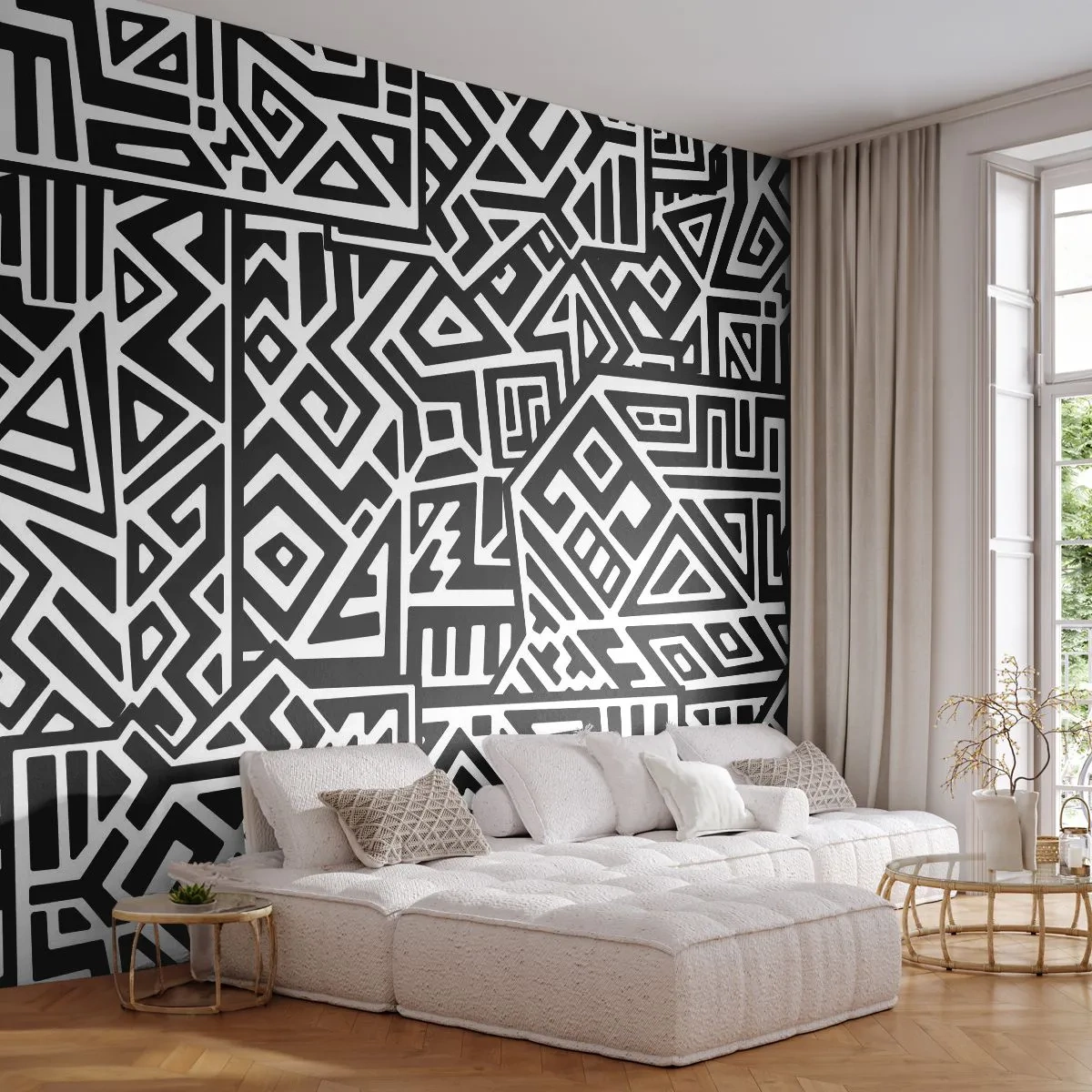 Fototapeta Premium Sand - Czarno-biały wzór inspirowany motywami plemiennymi - 100x70cm - Kompozycja prekolumbijska - Nowoczesna dekoracja ścienna do salonu, kuchni i sypialni ARTTOR