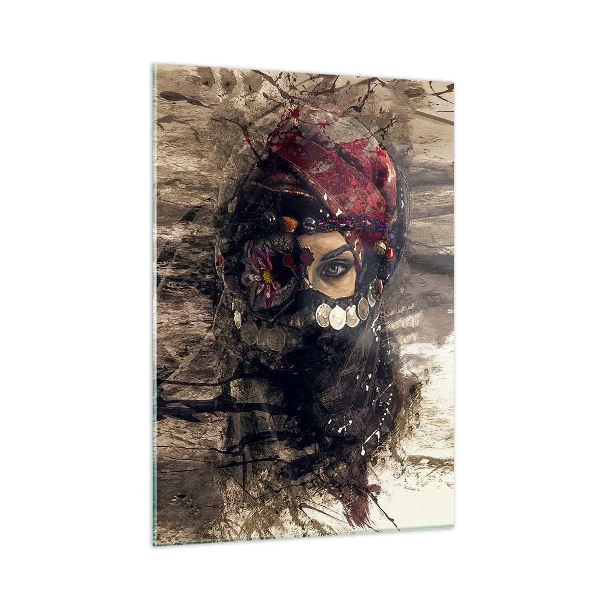 Obraz na szkle - Portret tajemniczej kobiety w czerwonym turbanie - 50x70cm - Co najmniej niepokojąca - Nowoczesna dekoracja ścienna do salonu, kuchni i sypialni ARTTOR