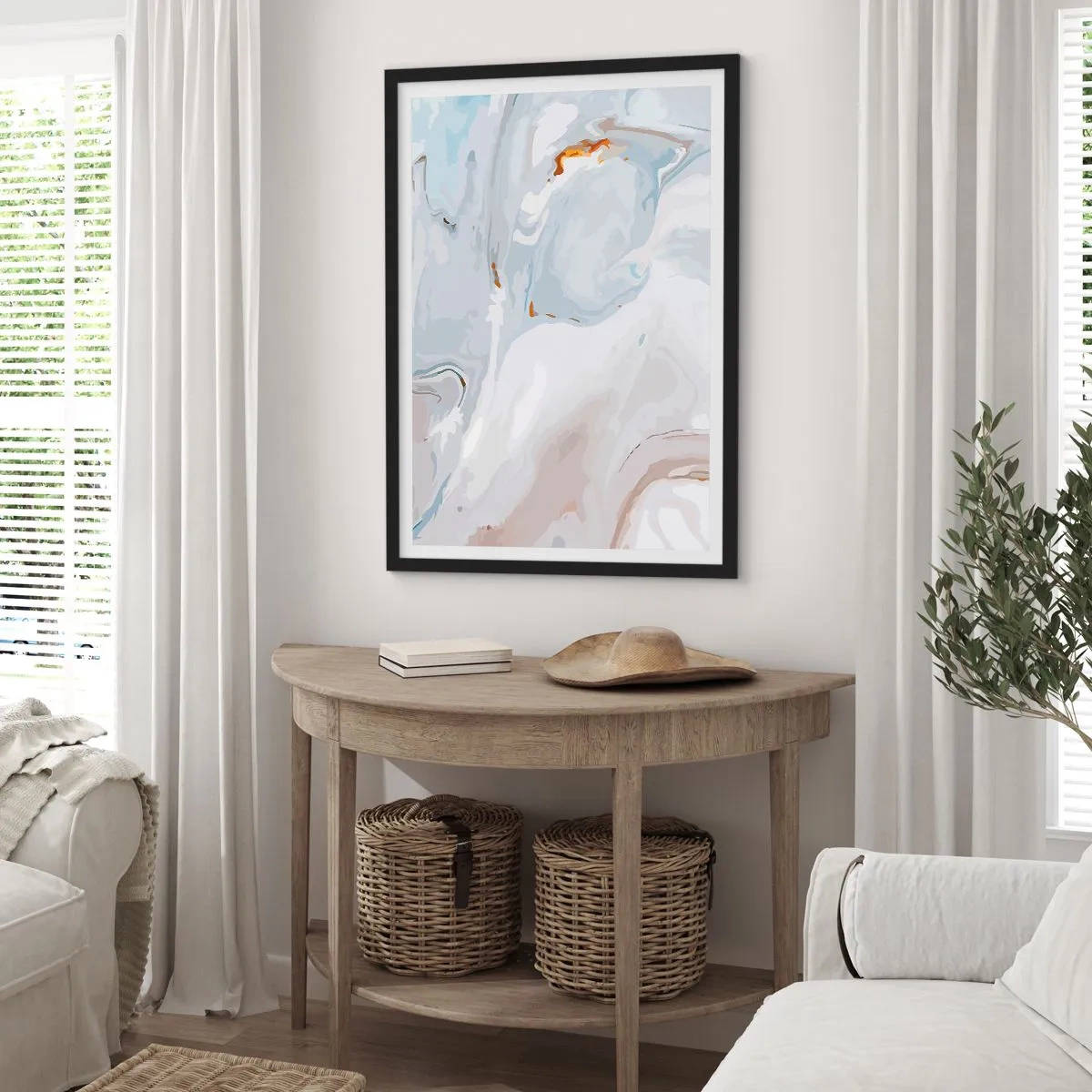 Plakat w czarnej ramie - Wzór marmuru w odcieniach błękitu z akcentami złota - 50x70cm - Biel wypiętrzona - Nowoczesna dekoracja ścienna do salonu i sypialni ARTTOR