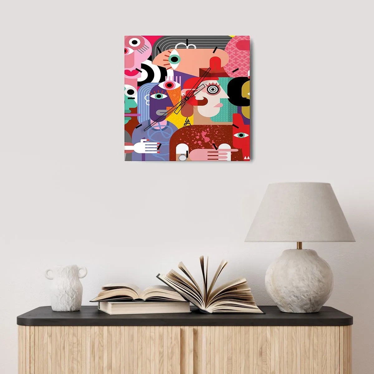Zegar ścienny - Kolorowa abstrakcja z geometrycznymi twarzami - 30x30cm - My od pana Picassa - Nowoczesna dekoracja ścienna do salonu i sypialni ARTTOR