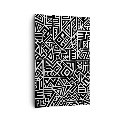 Obraz na płótnie - Czarno-białe geometryczne wzory inspirowane kulturą prekolumbijską - 80x120cm - Kompozycja prekolumbijska - Nowoczesna dekoracja ścienna do salonu i sypialni ARTTOR