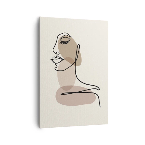 Obraz na płótnie - Minimalistyczna twarz kobiety z abstrakcyjnymi plamami - 70x100cm - Zasłuchana w siebie - Nowoczesna dekoracja ścienna do salonu i sypialni ARTTOR