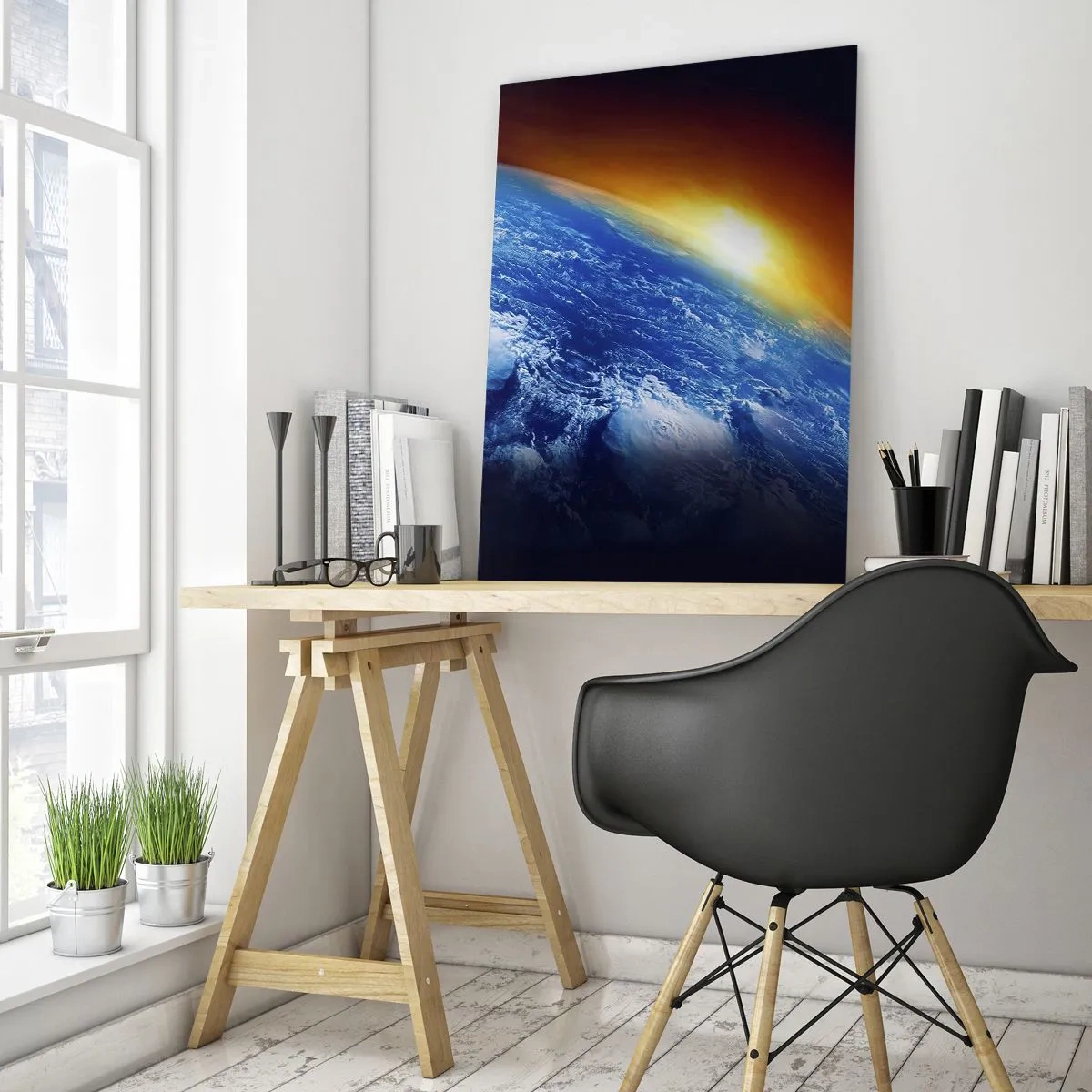 Obraz na szkle - Ziemia w kosmosie oświetlona promieniami słońca - 50x70cm - Wschód słońca nad błękitną planetą - Nowoczesna dekoracja ścienna do salonu, kuchni i sypialni ARTTOR