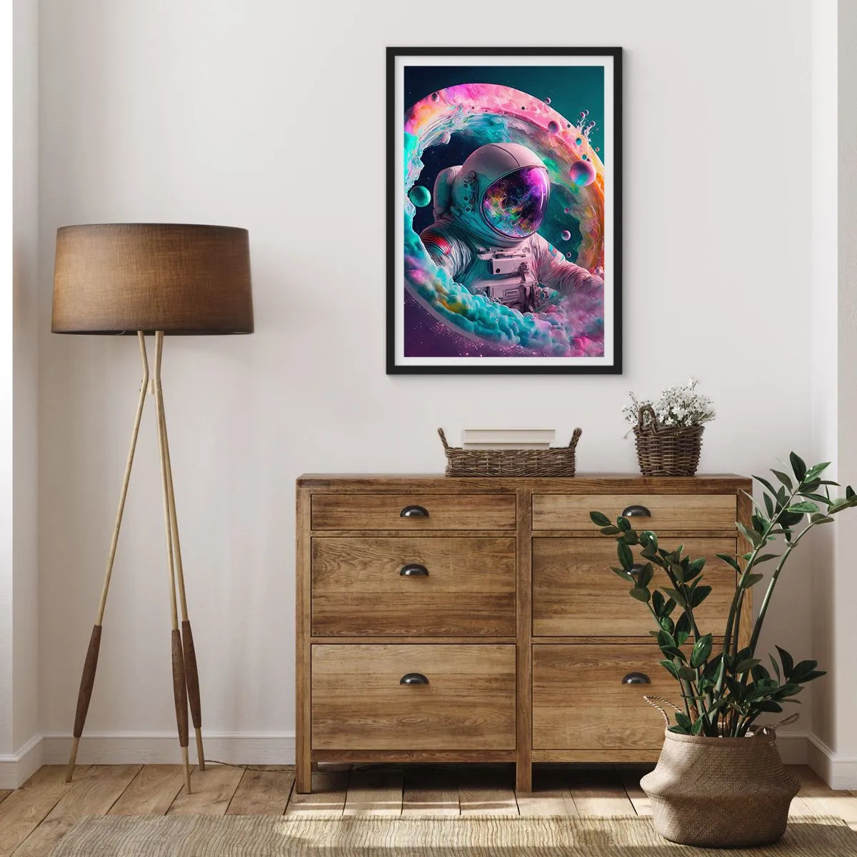 Plakat w czarnej ramie - Astronauta w kosmicznym otoczeniu pełnym kolorowych mgławic - 50x70cm - Gwiezdne wrota - Nowoczesna dekoracja ścienna do salonu i sypialni ARTTOR