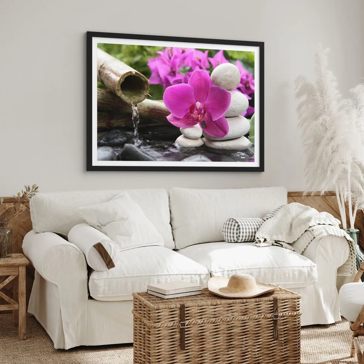 Plakat w czarnej ramie - Fioletowa orchidea, kamienie i bambus z wodą w relaksacyjnym otoczeniu - 70x50cm - Już odpoczywasz - Nowoczesna dekoracja ścienna do salonu i sypialni ARTTOR