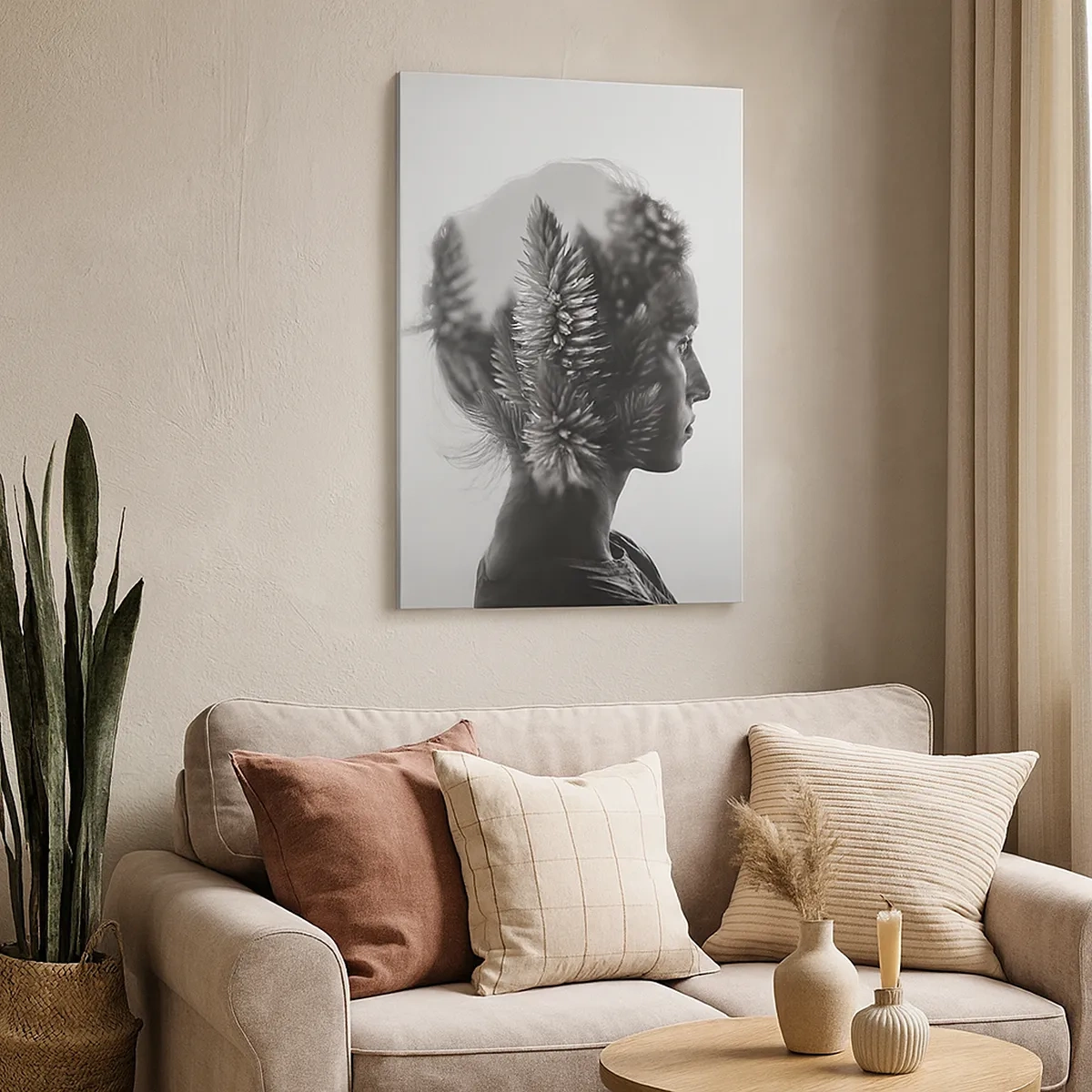 Obraz na płótnie - Tropikalne liście bananowca z geometrycznym tłem w czarno-białe wzory - 50x70cm - Kompozycja symetryczna z natury - Nowoczesna dekoracja ścienna do salonu, kuchni i sypialni ARTTOR