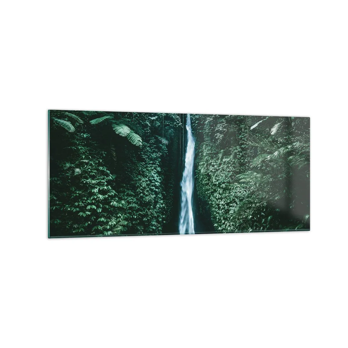 Obraz na szkle - Wodospad otoczony gęstą tropikalną roślinnością - 120x50cm - Tropikalny zdrój - Nowoczesna dekoracja ścienna do salonu i sypialni ARTTOR