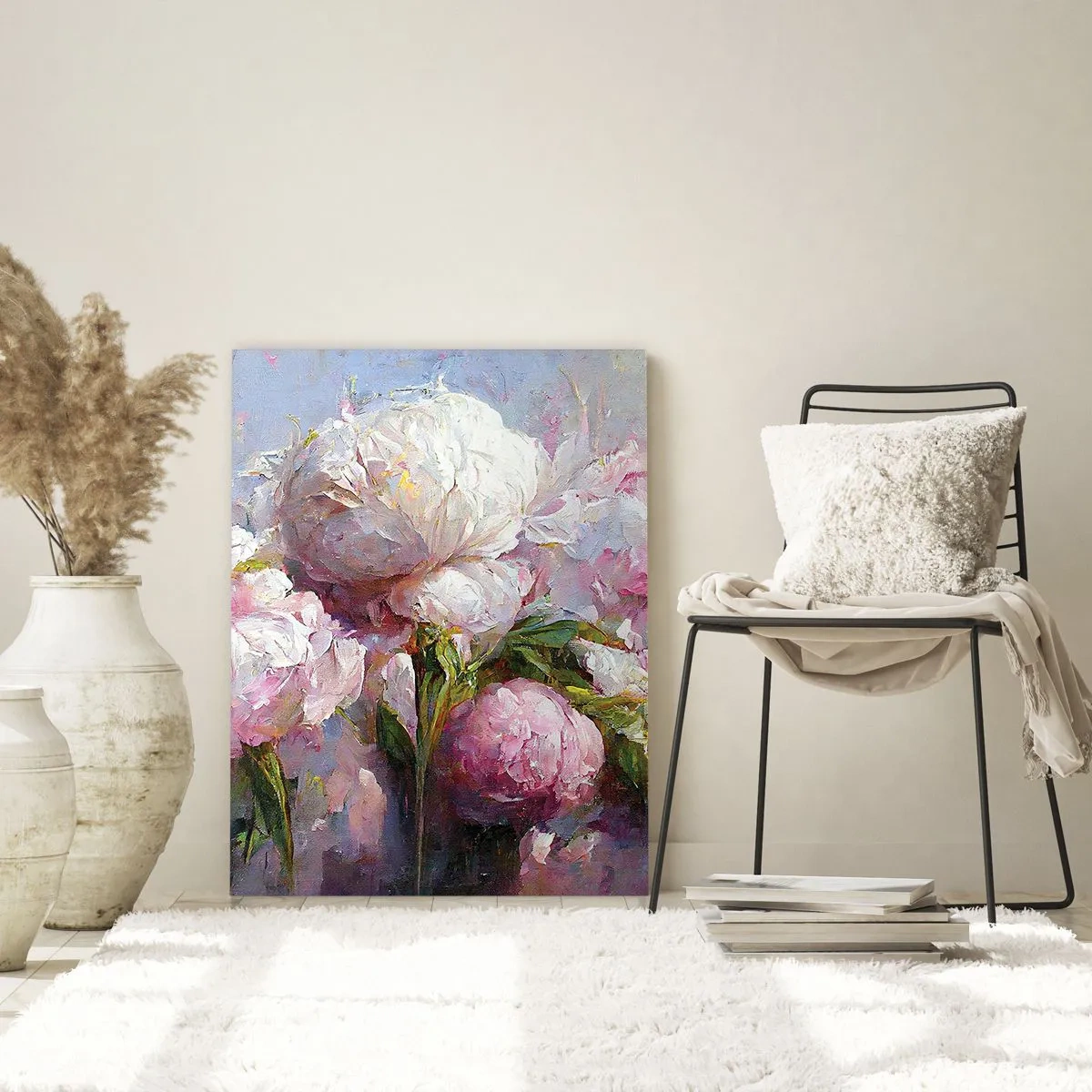 Obraz na szkle - Obraz olejny z rozkwitającymi białymi i różowymi piwoniami - 50x70cm - Kipiący życiem bukiet - Nowoczesna dekoracja ścienna do salonu, kuchni i sypialni ARTTOR