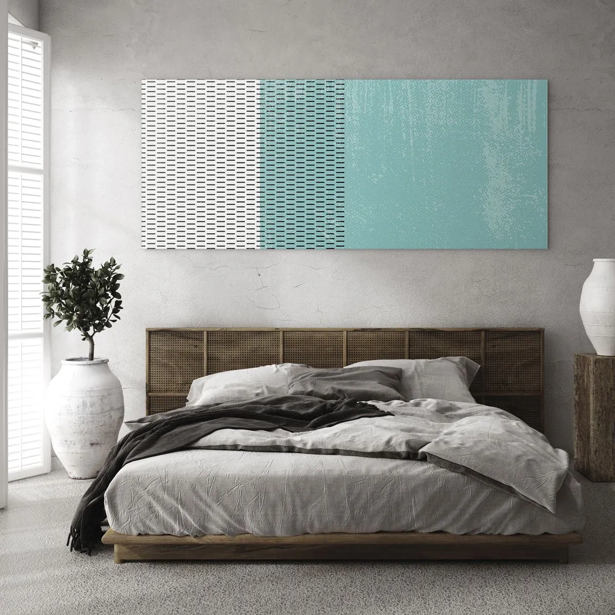 Obraz na szkle - Geometryczna kompozycja z turkusem i liniami - 160x50cm - Kompozycja zrównoważona - Nowoczesna dekoracja ścienna do salonu i sypialni ARTTOR