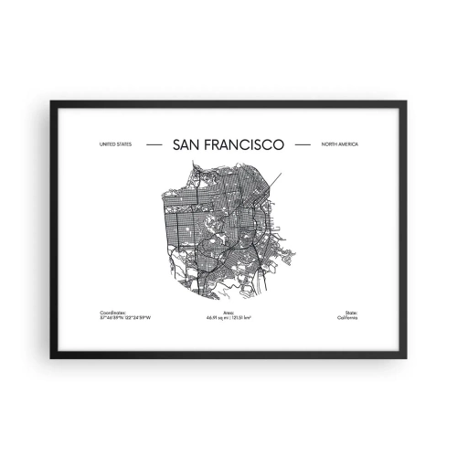 Plakat w czarnej ramie - Mapa San Francisco w czarno-białym stylu minimalistycznym - 70x50cm - Anatomia San Francisco - Nowoczesna dekoracja ścienna do salonu i sypialni ARTTOR