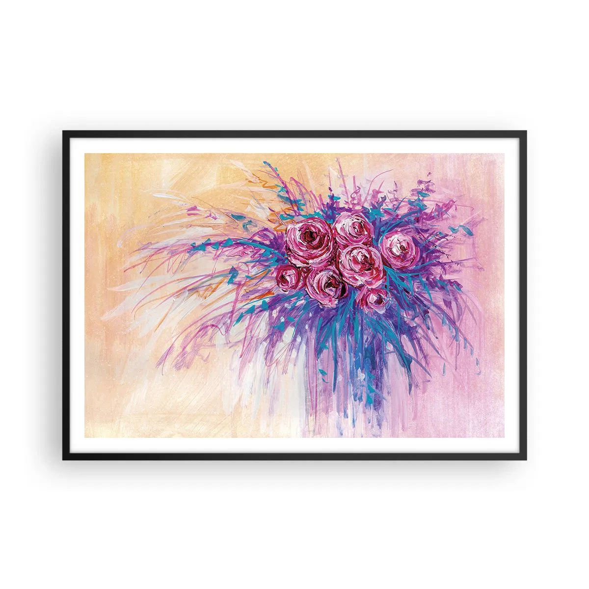 Plakat w czarnej ramie - Bukiet róż w pastelowych barwach - 100x70cm - Różana fontanna - Nowoczesna dekoracja ścienna do salonu i sypialni ARTTOR
