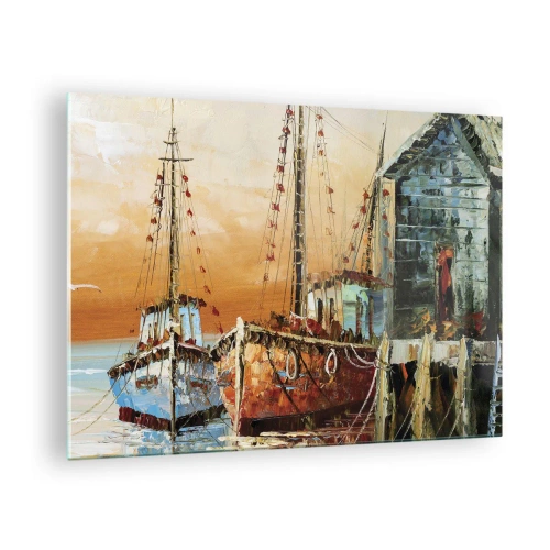 Obraz na szkle - Kolorowe łodzie przy przystani - 70x50cm - Spokojny powrót - Nowoczesna dekoracja ścienna do salonu i sypialni ARTTOR