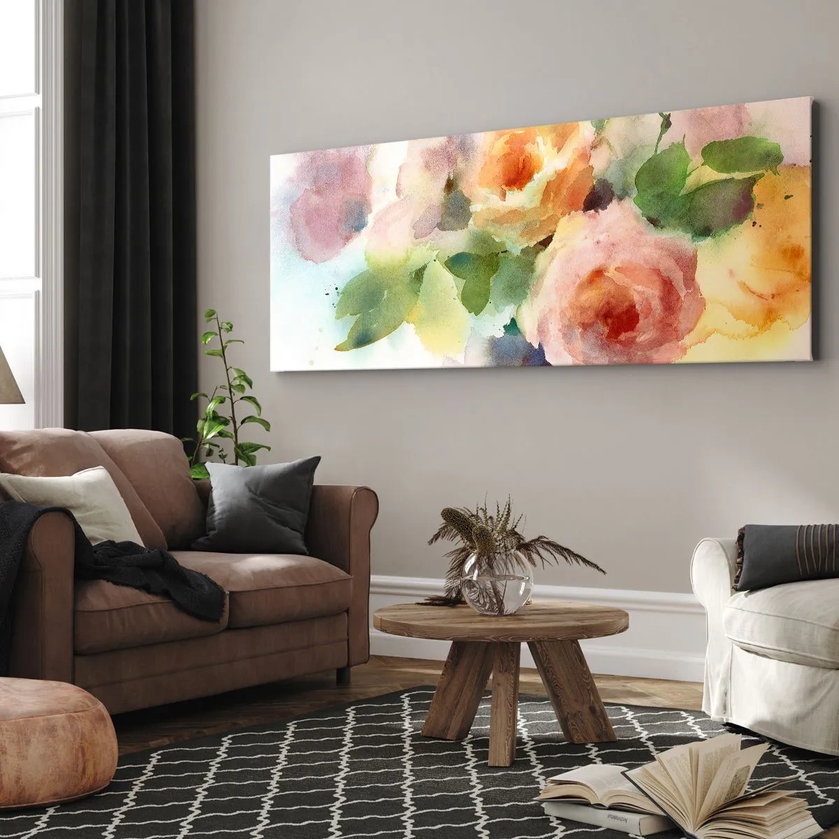 Obraz na płótnie - Delikatne róże w akwarelowym stylu na jasnym tle - 160x50cm - Delikatne jak akwarela - Nowoczesna dekoracja ścienna do salonu i sypialni ARTTOR