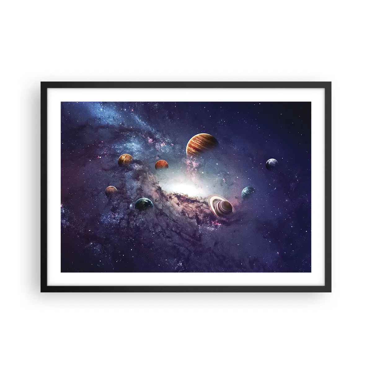 Plakat w czarnej ramie - Planety w galaktyce na tle mgławicy - 70x50cm - Układ słoneczno-taneczny - Nowoczesna dekoracja ścienna do salonu i sypialni ARTTOR