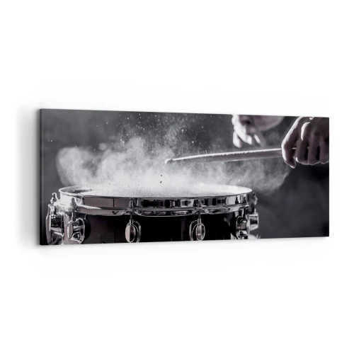 Obraz na płótnie - Uderzenie pałeczkami w werbel z efektem pyłu - 120x50cm - Puls muzyki - Nowoczesna dekoracja ścienna do salonu i sypialni ARTTOR