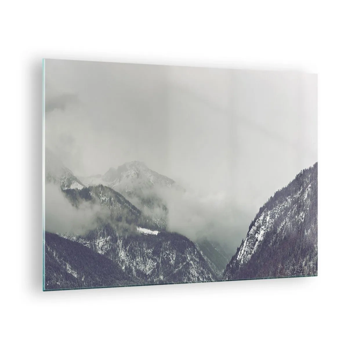 Obraz na szkle - Górska dolina we mgle w odcieniach szarości - 70x50cm - Omglona dolina - Nowoczesna dekoracja ścienna do salonu i sypialni ARTTOR
