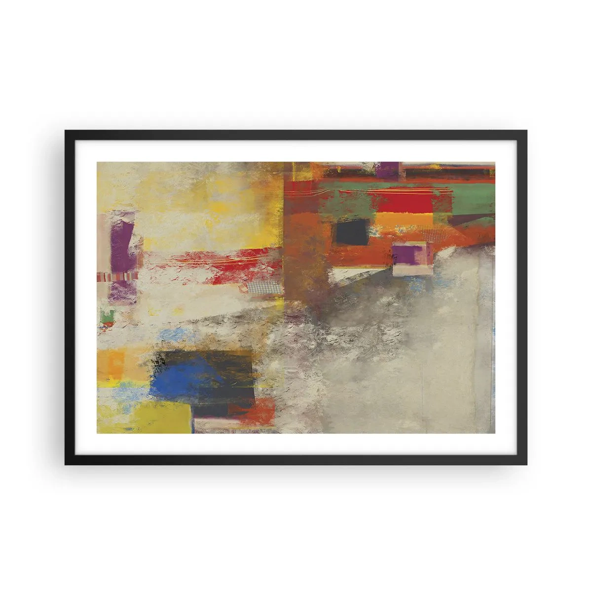 Plakat w czarnej ramie - Kolorowa abstrakcja z geometrycznymi kształtami - 70x50cm - Geometria barw - Nowoczesna dekoracja ścienna do salonu i sypialni ARTTOR