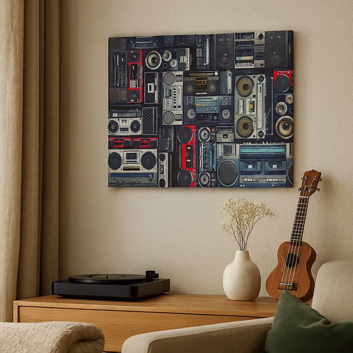 Obraz na płótnie - Kolaż retro magnetofonów i głośników w stylu vintage - 70x50cm - Tęsknota za latami 80. - Nowoczesna dekoracja ścienna do salonu i sypialni ARTTOR