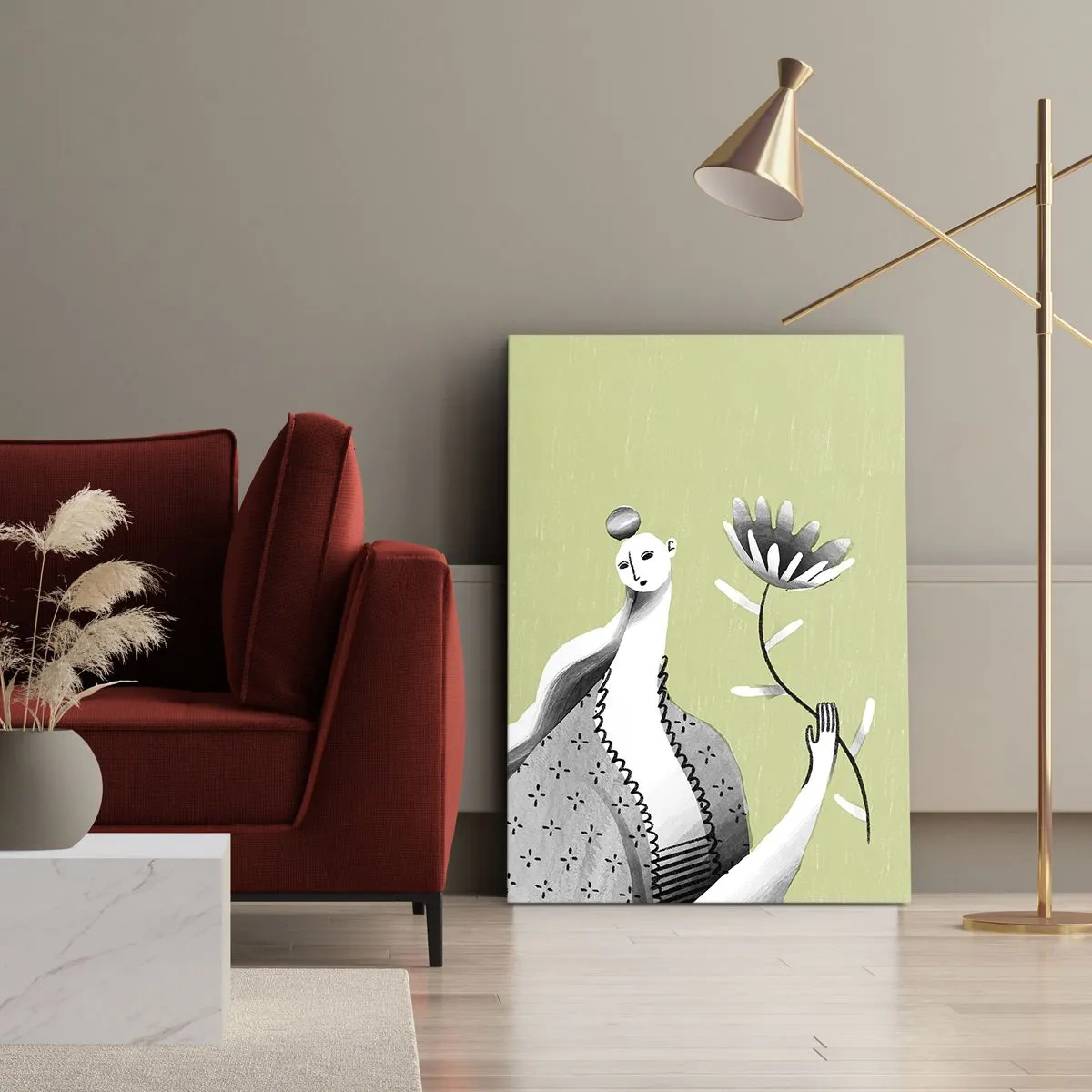 Obraz na płótnie - Abstrakcyjna postać kobiety trzymająca kwiat na zielonym tle - 50x70cm - Portret modernistyczny – trzymająca kwiat - Nowoczesna dekoracja ścienna do salonu, kuchni i sypialni ARTTOR