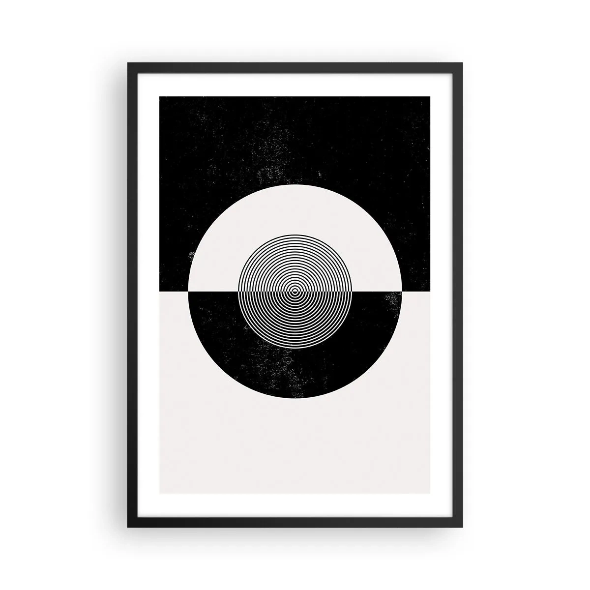 Plakat w czarnej ramie - Geometryczny wzór w czerni i bieli z koncentrycznym okręgiem - 50x70cm - Harmonia w czerni i bieli - Nowoczesna dekoracja ścienna do salonu i sypialni ARTTOR
