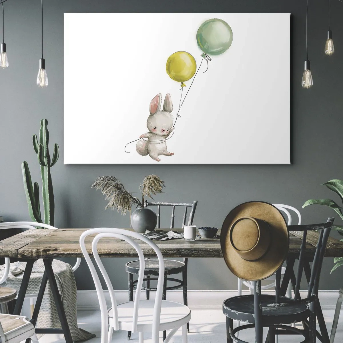 Obraz na płótnie - Królik trzymający balony w pastelowych odcieniach - 70x50cm - Też polecę! - Nowoczesna dekoracja ścienna do salonu i sypialni ARTTOR