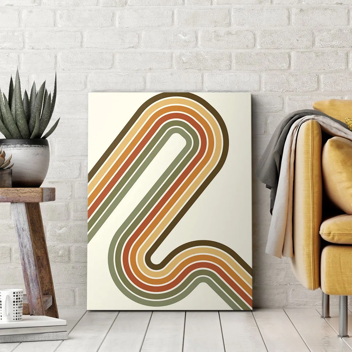 Obraz na płótnie - Geometryczne linie w stylu retro w odcieniach pomarańczu, oliwki i beżu - 50x70cm - Zygzakiem do celu - Nowoczesna dekoracja ścienna do salonu, kuchni i sypialni ARTTOR
