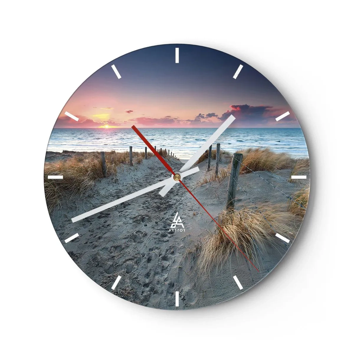 Zegar ścienny - Wejście na plażę o zachodzie słońca z widokiem na morze - 30x30cm - Rozlałeś tęczę blasków promienistą… - Nowoczesna dekoracja ścienna do salonu, kuchni i sypialni ARTTOR