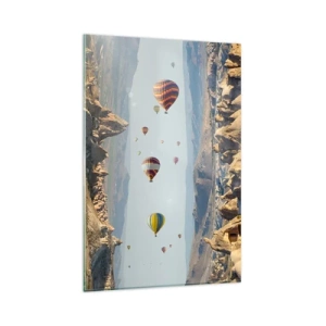 Obraz na szkle - Kolorowe balony nad skalnym krajobrazem - 80x120cm - Tu wszystko jest możliwe - Nowoczesna dekoracja ścienna do salonu i sypialni ARTTOR