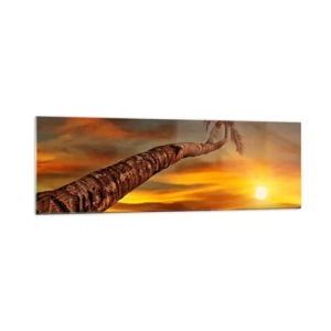 Obraz na szkle - Palma na plaży o zachodzie słońca z widokiem na morze - 160x50cm - Egzotyczne wakacje, karaibska przygoda - Nowoczesna dekoracja ścienna do salonu i sypialni ARTTOR