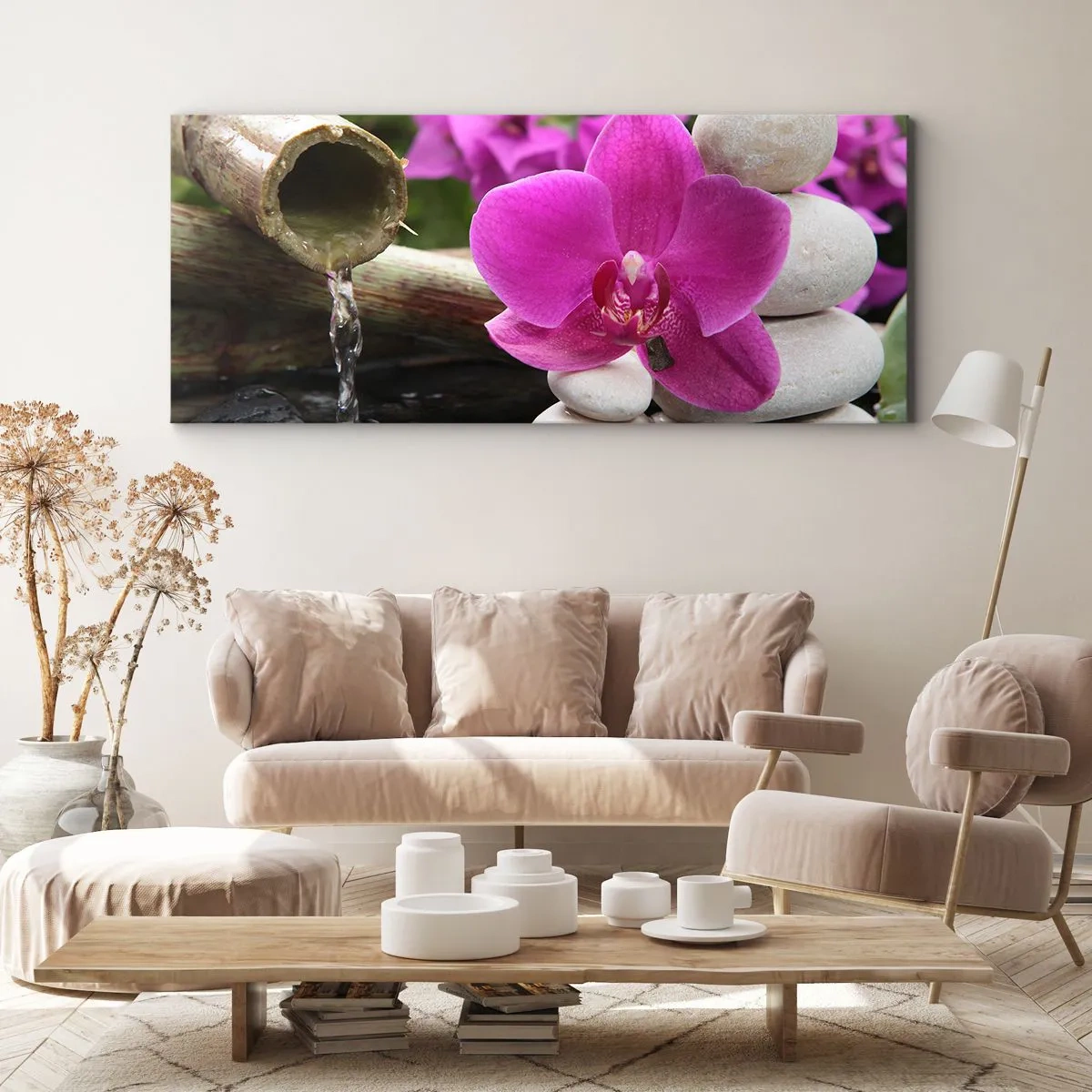 Obraz na płótnie - Fioletowa orchidea, kamienie i bambus z wodą w relaksacyjnym otoczeniu - 120x50cm - Już odpoczywasz - Nowoczesna dekoracja ścienna do salonu i sypialni ARTTOR