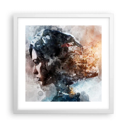Plakat w białej ramie - Opowieść o dziewczynie z miastem w tle - 40x40 cm