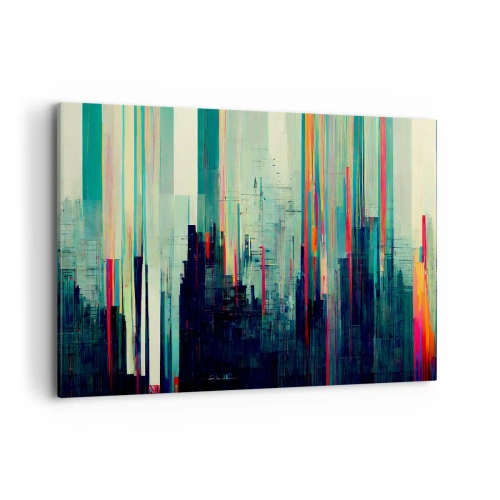 Obraz na płótnie - Abstrakcja z pionowymi liniami i miejską panoramą - 100x70cm - Futurystyczne miasto - Nowoczesna dekoracja ścienna do salonu, kuchni i sypialni ARTTOR