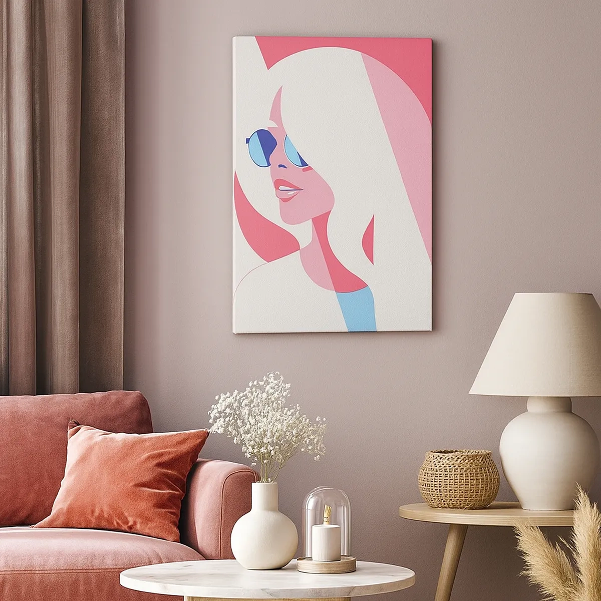 Obraz na płótnie - Minimalistyczny portret kobiety w okularach przeciwsłonecznych w pastelowych barwach - 50x70cm - To była blondynka… - Nowoczesna dekoracja ścienna do salonu, kuchni i sypialni ARTTOR