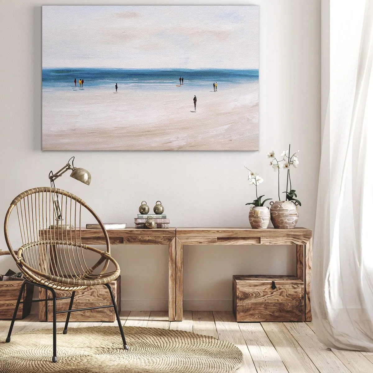 Obraz na płótnie - Plaża z ludźmi na tle spokojnego morza - 70x50cm - Naturalna potrzeba - Nowoczesna dekoracja ścienna do salonu i sypialni ARTTOR