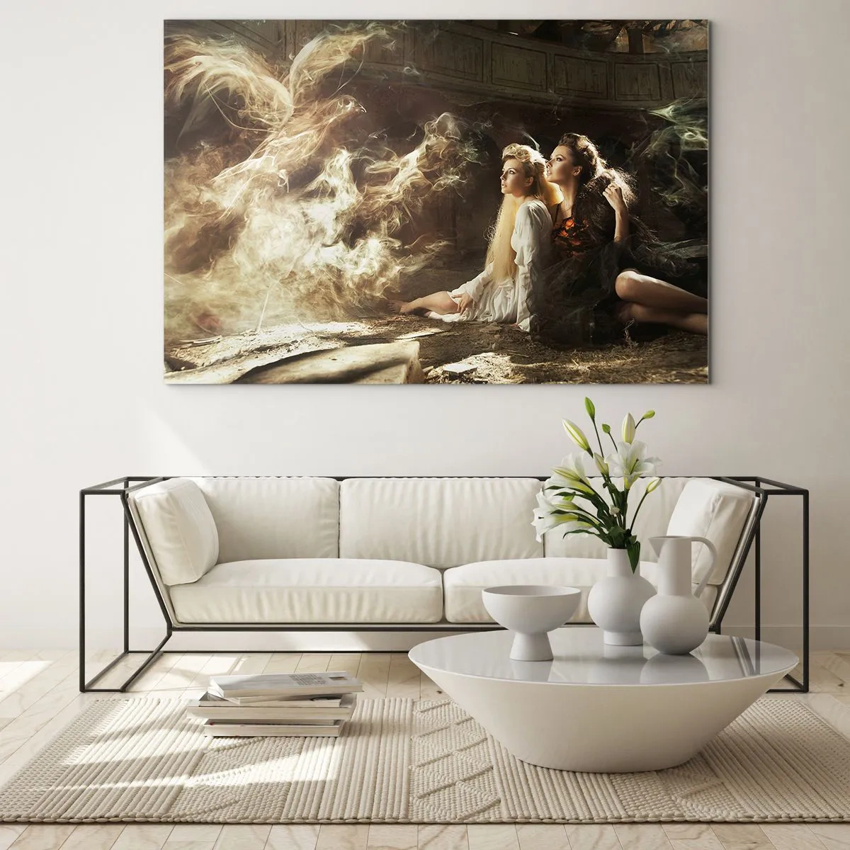 Obraz na szkle - Dwie kobiety z ognistym feniksem w magicznej scenerii - 100x70cm - I stała się poezja - Nowoczesna dekoracja ścienna do salonu, kuchni i sypialni ARTTOR
