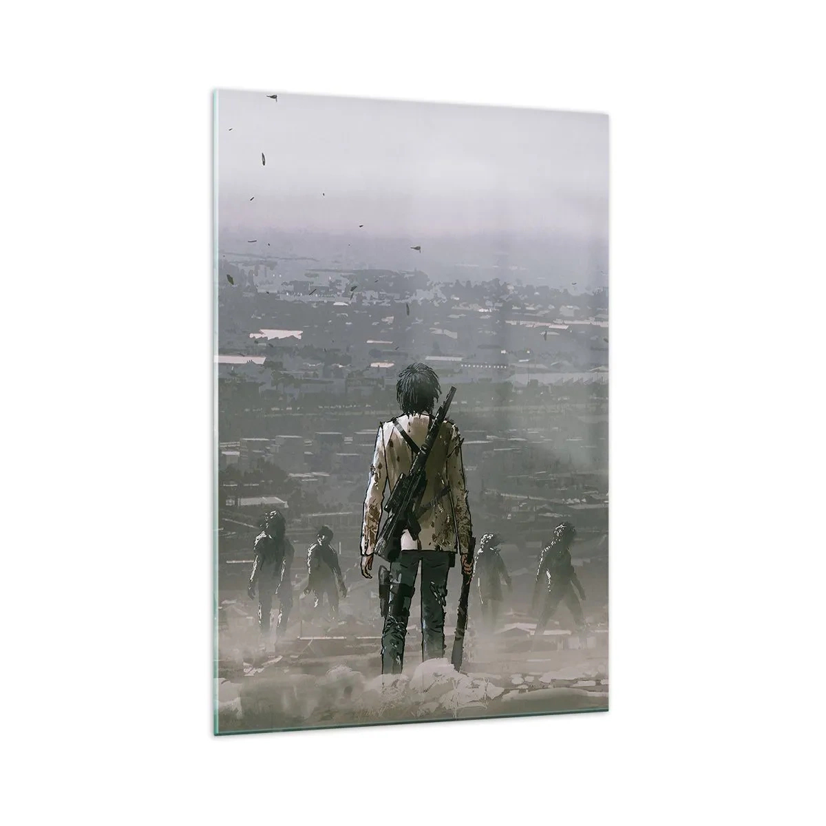 Obraz na szkle - Postać z bronią stojąca naprzeciw grupy w dystopijnym krajobrazie - 70x100cm - Ostatni sprawiedliwy? - Nowoczesna dekoracja ścienna do salonu i sypialni ARTTOR