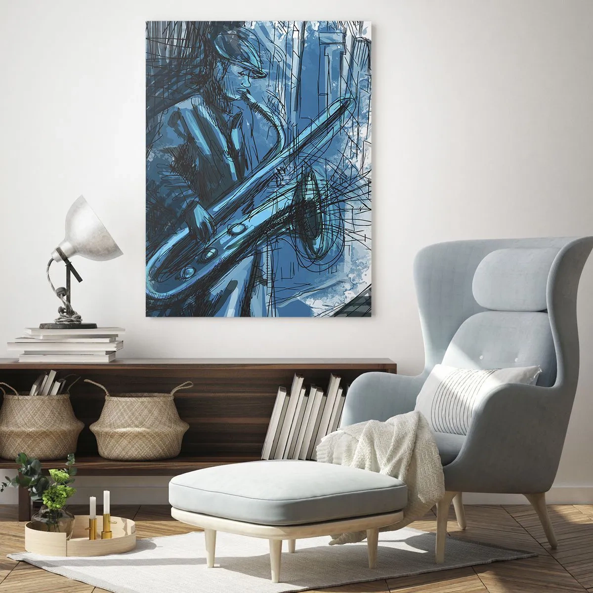 Obraz na szkle - Jazzowy saksofonista w miejskiej scenerii w odcieniach niebieskiego - 50x70cm - Miejska rapsodia - Nowoczesna dekoracja ścienna do salonu, kuchni i sypialni ARTTOR