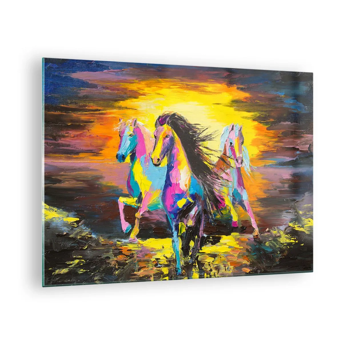 Obraz na szkle - Kolorowe konie galopujące na tle zachodu słońca - 70x50cm - Zanurzone w tęczy - Nowoczesna dekoracja ścienna do salonu i sypialni ARTTOR