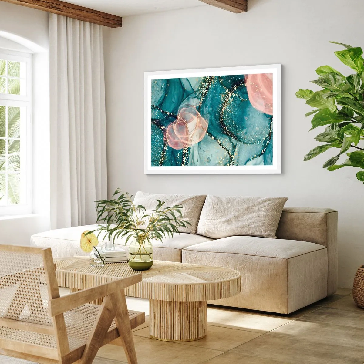 Plakat w białej ramie - Jedwabny błękit, tiulowy róż - 50x40 cm